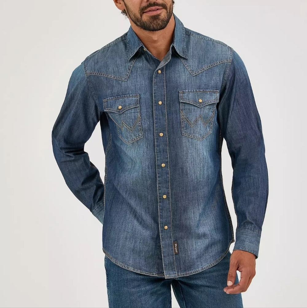 Wrangler Retro Premium Denim Long Sleeve Western Pearl Snap Button Down Shirt